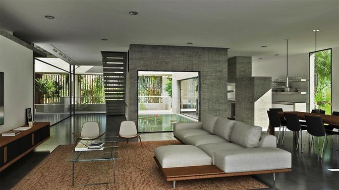 Dining room, Interior, Living room, Pendant Lights, Recessed Lighting, Wood Texture Flooring