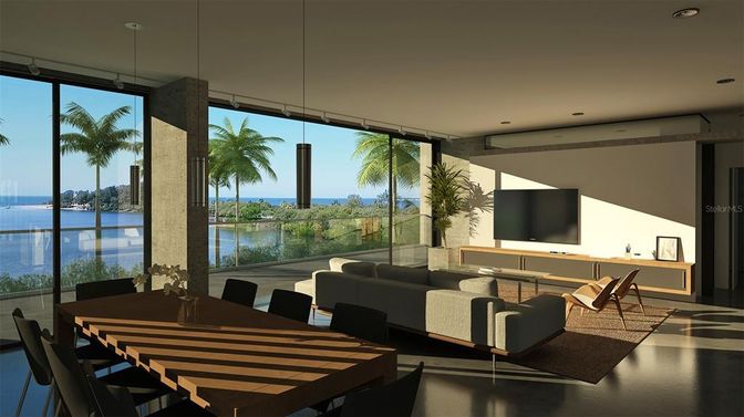 Dining room, Interior, Living room, Pendant Lights, Recessed Lighting, Water