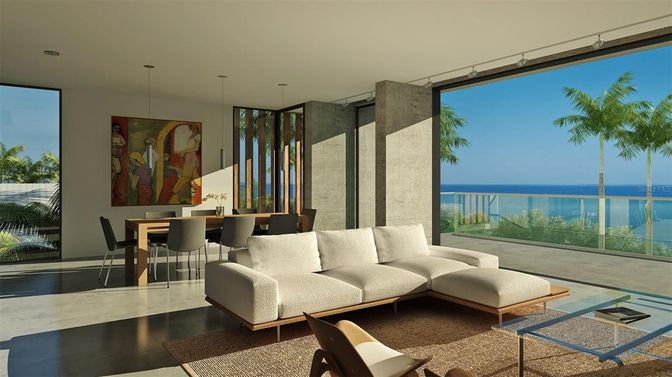 Dining room, Interior, Pendant Lights, Water, Wood Texture Flooring