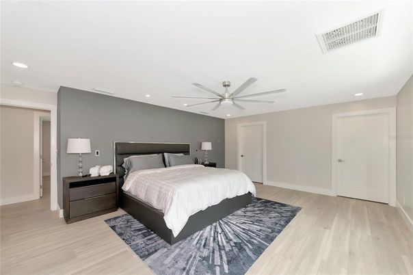 Bedroom, Interior, Recessed Lighting, Wood Texture Flooring