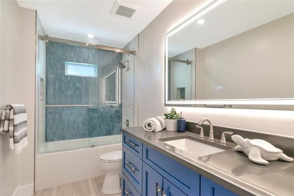 Bathroom, Glass Shower, Interior, Recessed Lighting, Wood Texture Flooring