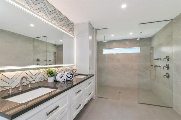 Bathroom, Dual Sink Vanities, Glass Shower, Interior, Recessed Lighting