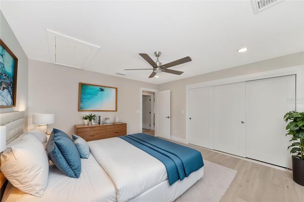 Bedroom, Interior, Recessed Lighting, Wood Texture Flooring