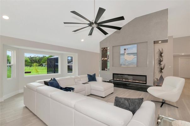 Fireplace, Interior, Living room, Recessed Lighting, Wood Texture Flooring