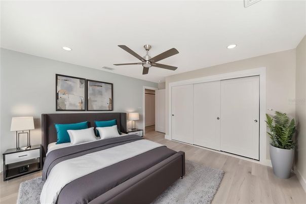 Bedroom, Interior, Recessed Lighting, Wood Texture Flooring