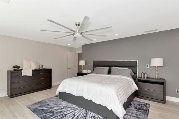 Bedroom, Interior, Recessed Lighting, Wood Texture Flooring