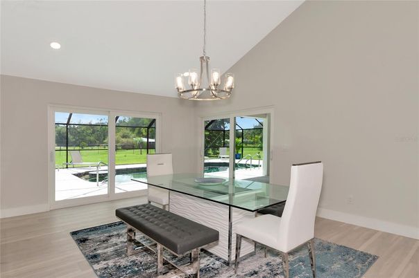 Chandelier, Dining room, Interior, Recessed Lighting, Wood Texture Flooring