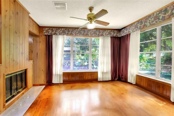 Empty room, Fireplace, Interior, Wood Texture Flooring, Wooden Walls