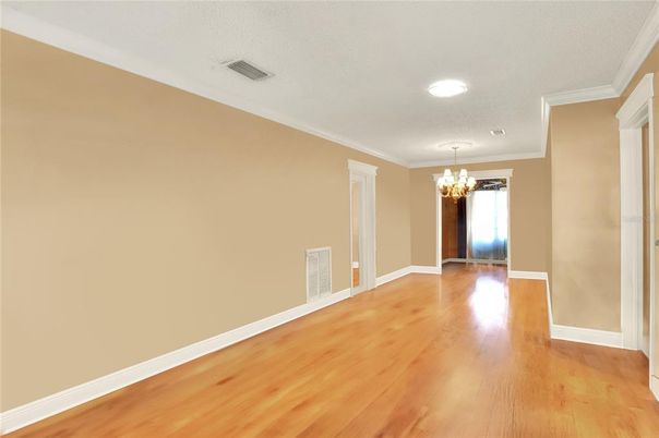 Chandelier, Empty room, Interior, Recessed Lighting, Wood Texture Flooring