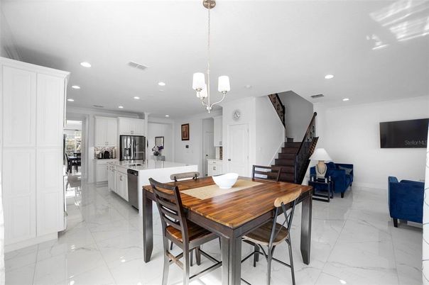 Dining room, Interior, Kitchen, Marble, Pendant Lights, Recessed Lighting, Stainless Steel Appliances