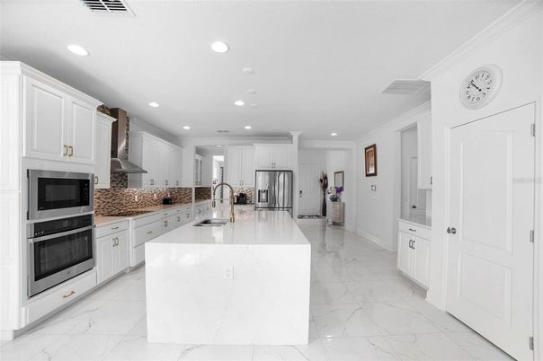 Interior, Kitchen, Marble, Recessed Lighting, Stainless Steel Appliances