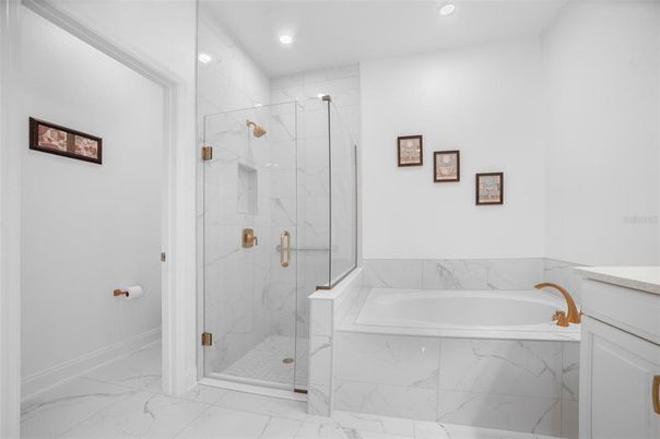 Bathroom, Glass Shower, Interior, Marble, Marble Walls, Recessed Lighting