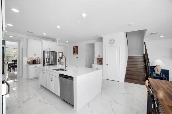 Interior, Kitchen, Marble, Recessed Lighting, Stainless Steel Appliances