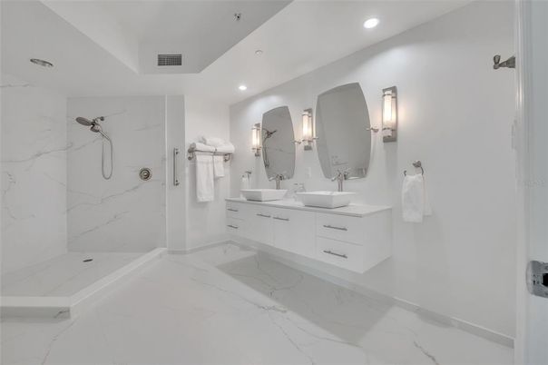 Bathroom, Dual Sink Vanities, Interior, Marble, Marble Walls, Recessed Lighting