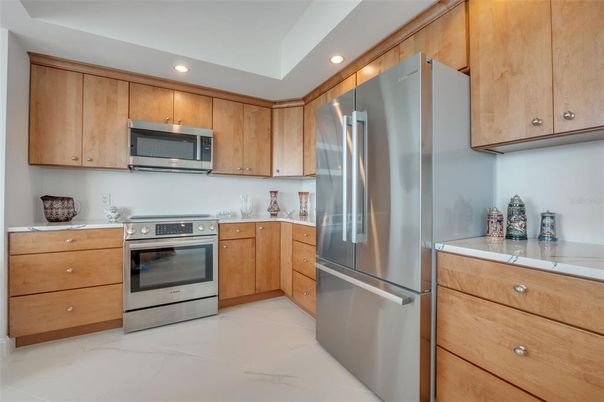 Interior, Kitchen, Marble, Recessed Lighting, Stainless Steel Appliances