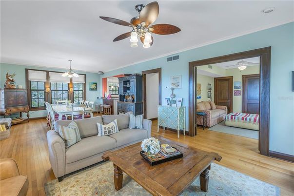 Dining room, Interior, Living room, Pendant Lights, Wood Texture Flooring
