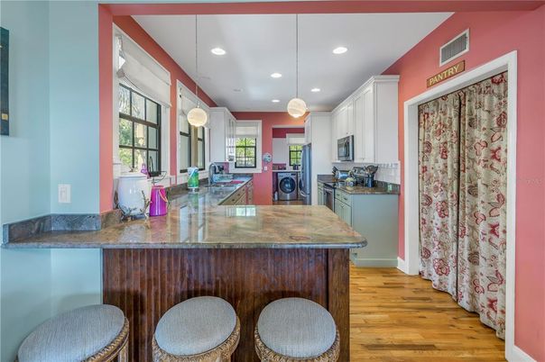 Interior, Kitchen, Pendant Lights, Recessed Lighting, Wood Texture Flooring