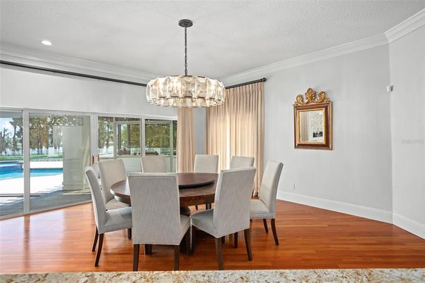 Dining room, Interior, Pendant Lights, Recessed Lighting, Wood Texture Flooring