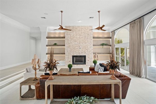 Fireplace, Interior, Living room, Pendant Lights, Recessed Lighting, Stone Walls