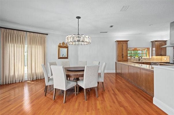 Dining room, Interior, Kitchen, Pendant Lights, Wood Texture Flooring