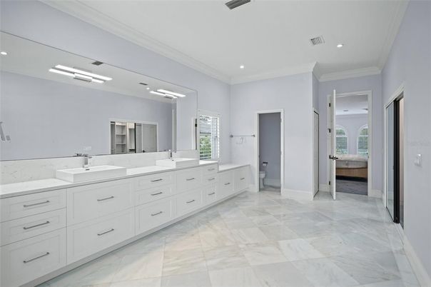 Bathroom, Dual Sink Vanities, Interior, Marble, Recessed Lighting