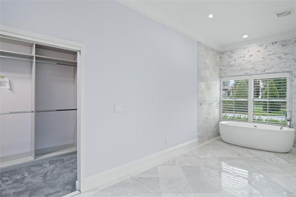 Bathroom, Free Standing Baths, Interior, Marble, Recessed Lighting