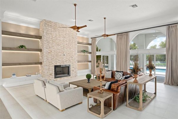 Fireplace, Interior, Living room, Pendant Lights, Stone Walls