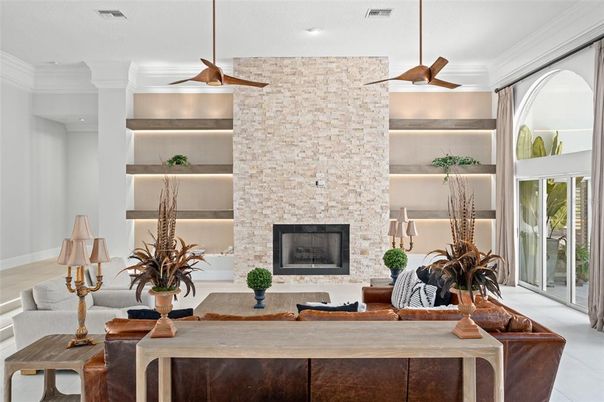 Fireplace, Interior, Living room, Pendant Lights, Recessed Lighting, Stone Walls