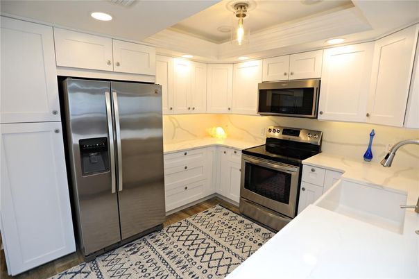 Interior, Kitchen, Recessed Lighting, Stainless Steel Appliances, Wood Texture Flooring