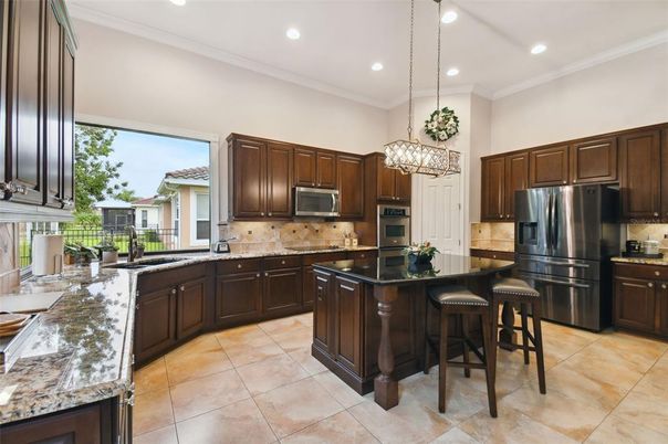 Chandelier, Interior, Kitchen, Pendant Lights, Recessed Lighting, Stainless Steel Appliances
