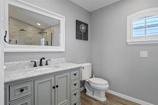 Bathroom, Interior, Recessed Lighting, Wood Texture Flooring