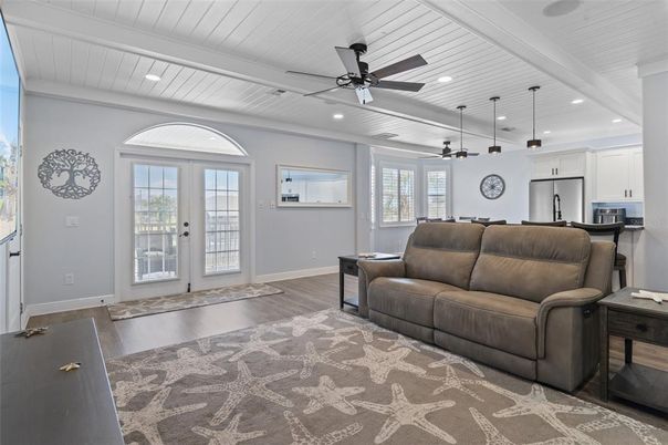 Interior, Kitchen, Living room, Pendant Lights, Recessed Lighting, Wood Texture Flooring