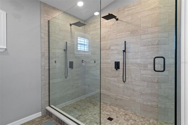 Bathroom, Glass Shower, Interior, Recessed Lighting, Stone Walls