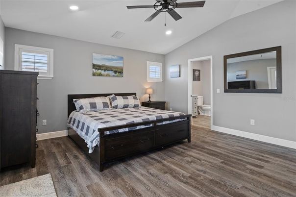 Bedroom, Interior, Recessed Lighting, Wood Texture Flooring