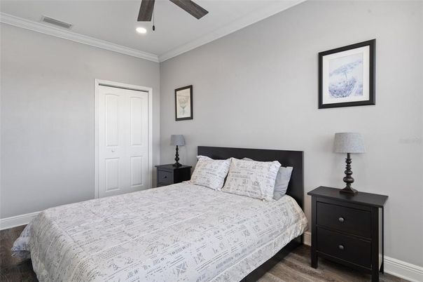 Bedroom, Interior, Recessed Lighting, Wood Texture Flooring