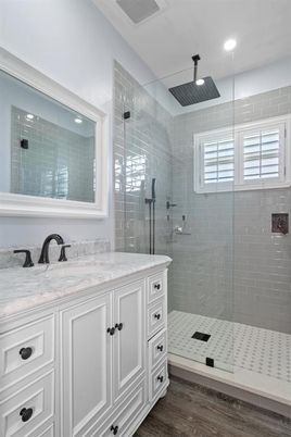 Bathroom, Glass Shower, Interior, Recessed Lighting, Wood Texture Flooring