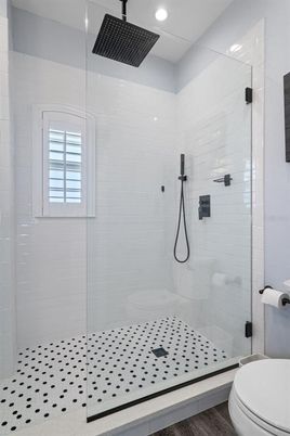 Bathroom, Glass Shower, Interior, Recessed Lighting, Wood Texture Flooring