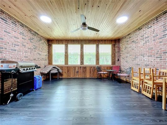 Dining room, Interior, Recessed Lighting, Stone Walls, Wooden Ceilings, Wood Texture Flooring