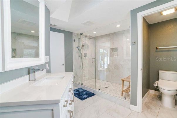 Bathroom, Glass Shower, Interior, Marble, Marble Walls, Recessed Lighting