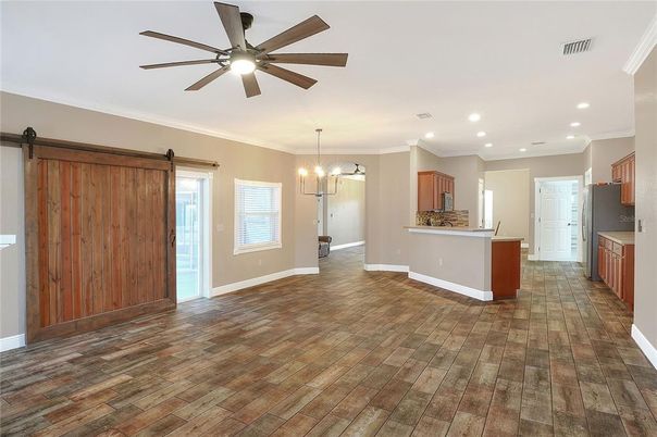 Chandelier, Empty room, Interior, Kitchen, Pendant Lights, Recessed Lighting, Wood Texture Flooring