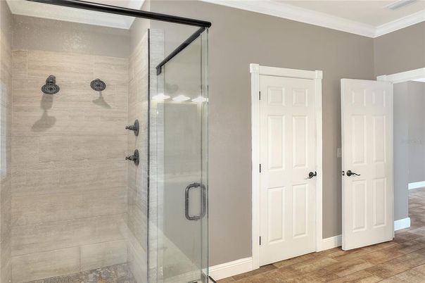 Bathroom, Glass Shower, Interior, Wood Texture Flooring