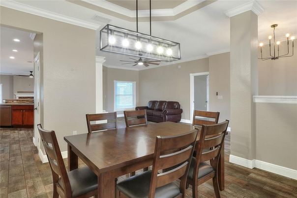 Dining room, Interior, Kitchen, Pendant Lights, Recessed Lighting, Wood Texture Flooring