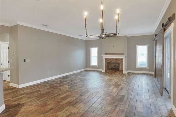 Chandelier, Empty room, Fireplace, Interior, Pendant Lights, Wood Texture Flooring