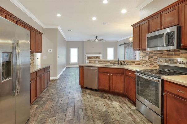 Interior, Kitchen, Recessed Lighting, Stainless Steel Appliances, Wood Texture Flooring