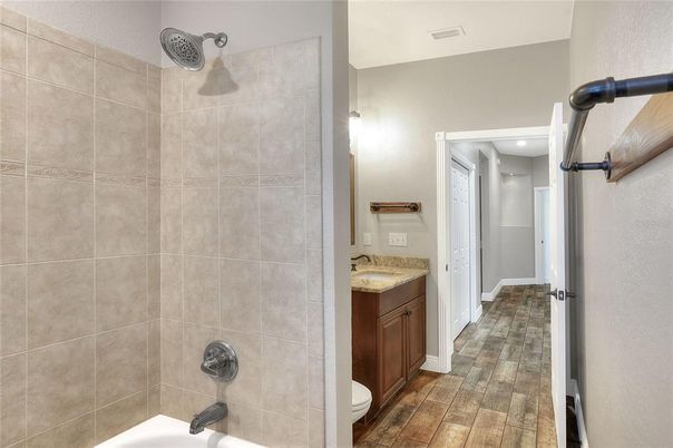 Bathroom, Interior, Recessed Lighting, Wood Texture Flooring