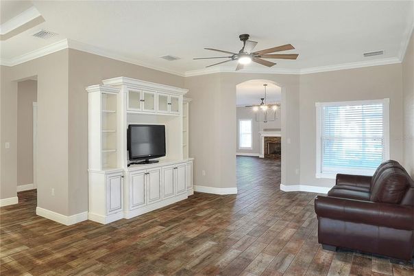 Fireplace, Interior, Pendant Lights, Wood Texture Flooring