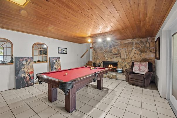 Billiard Table, Fireplace, Game Room, Interior, Stone Walls, Wooden Ceilings