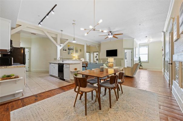 Dining room, Interior, Kitchen, Living room, Pendant Lights, Wood Texture Flooring