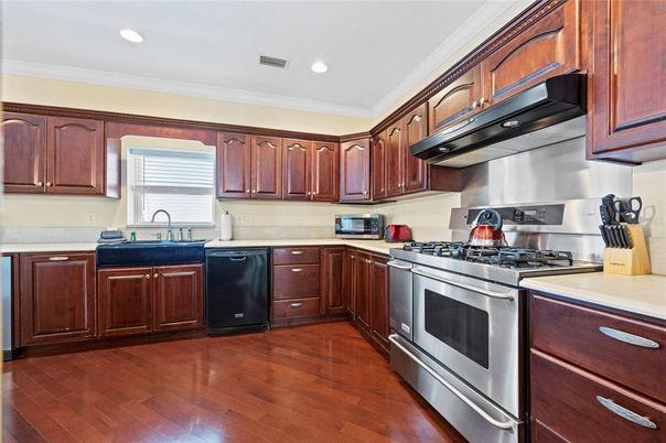Interior, Kitchen, Recessed Lighting, Stainless Steel Appliances, Wood Texture Flooring