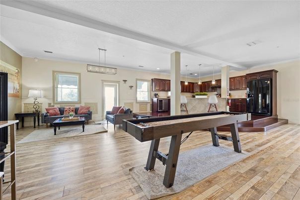 Billiard Table, Game Room, Interior, Kitchen, Living room, Pendant Lights, Recessed Lighting, Wood Texture Flooring